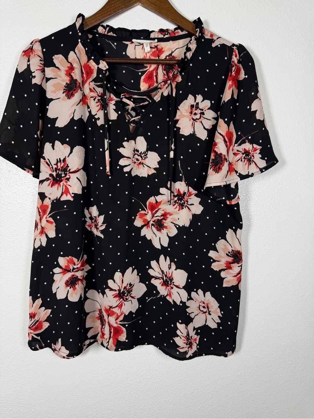 Maurices Black Floral Lace-Up Flutter Sleeve Blouse